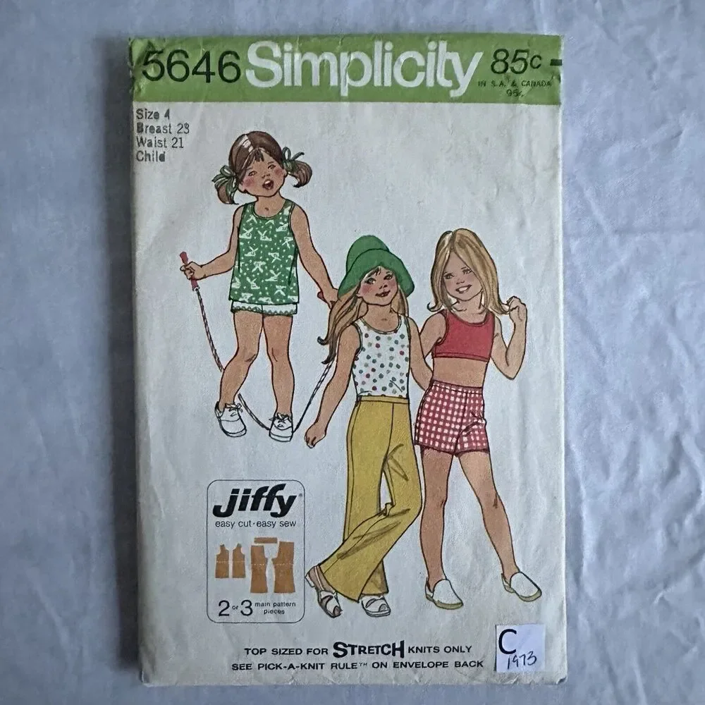 Vintage 70s Simplicity EASY Sewing Pattern 5646 Kids Top Bell Bottom Pant Shorts